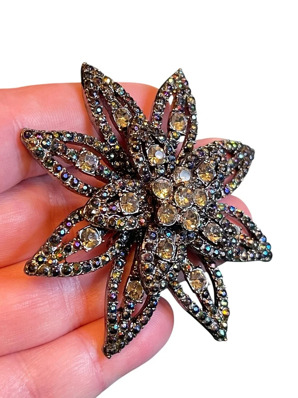 Vintage Multi-Tiered Gunmetal Oil Slick Rhinestone Flower Brooch